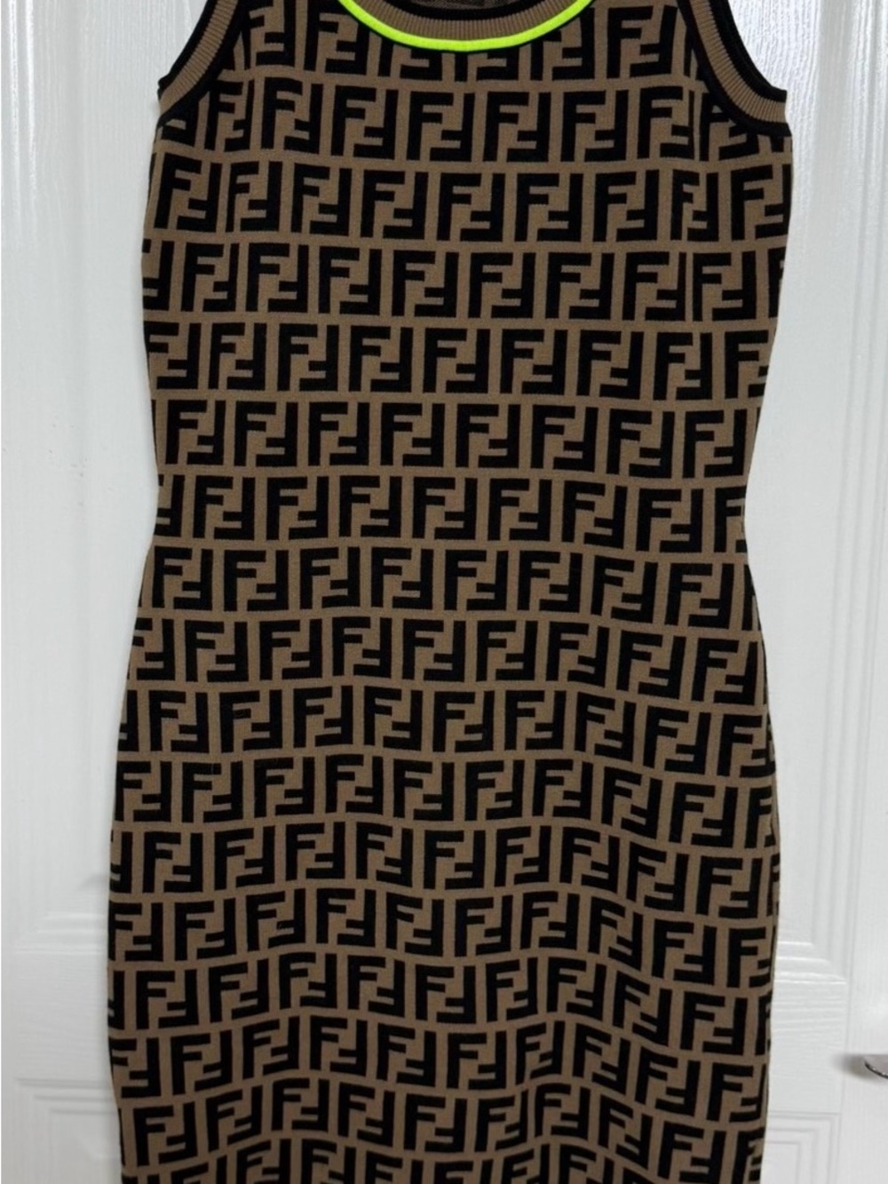 Fendi Brown and Black FF Logo Knit Midi Dress with Neon Trim